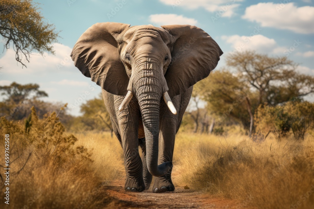 Obraz premium A large elephant is captured walking down a dirt road. This image can be used to depict wildlife, nature, or travel themes.