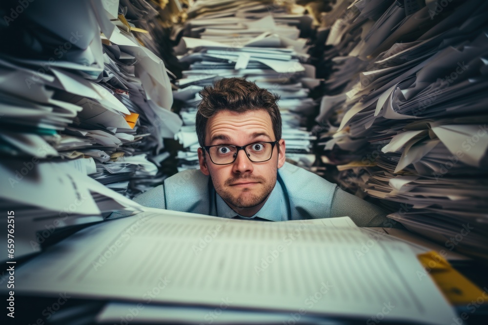 A man with glasses carefully examines a stack of papers. This image can be used to illustrate concepts such as research, analysis, paperwork, organization, or business tasks. - obrazy, fototapety, plakaty 