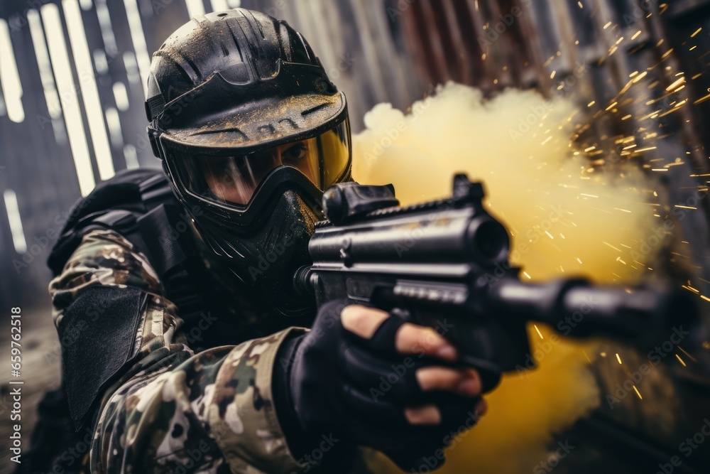 Fototapeta premium A man wearing a gas mask holds a gun.