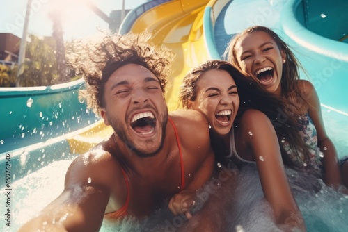 A group of friends enjoying themselves at a water park.