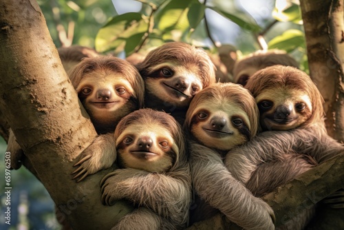 A group of sloths relaxing and hanging out in a tree. This picture can be used to depict the calm and slow-paced nature of sloths and their habitat.