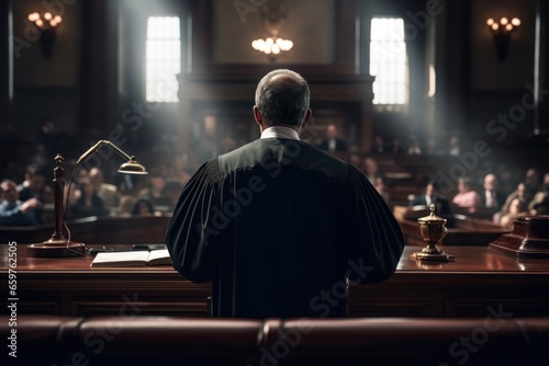 A man standing in a courtroom holding a microphone. This image can be used to depict a legal proceeding or a public speaking event.