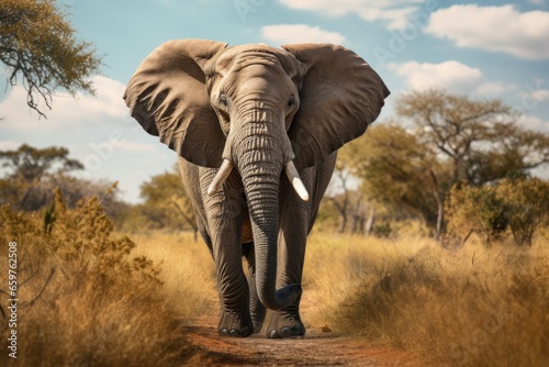 A large elephant is captured walking down a dirt road. This image can be used to depict wildlife, nature, or travel themes.