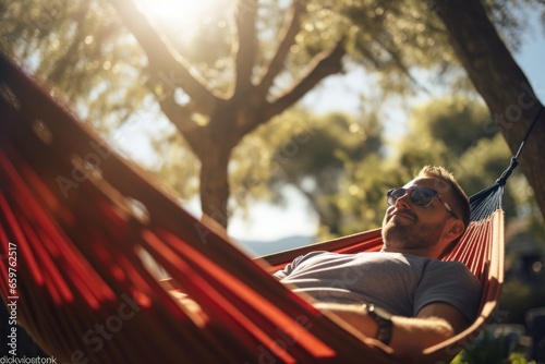 A man enjoying the warmth of the sun while laying in a hammock. Perfect for illustrating relaxation and leisure activities.