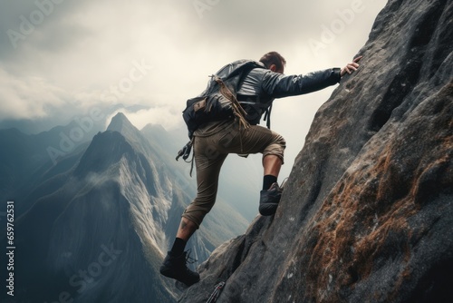 A man is seen climbing up the side of a mountain. This image can be used to depict determination, adventure, and the pursuit of personal goals. photo