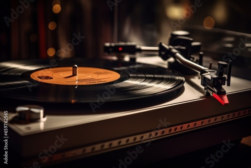 A close up view of a turntable with a record playing on it. This image can be used to depict music, vinyl records, DJ equipment, or nostalgia for the past.
