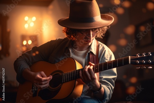 A man wearing a hat playing a guitar. This image can be used to depict a musician or a street performer.