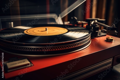 A vintage record player is sitting on top of a vibrant red table. This image can be used to represent retro music, vinyl records, or a nostalgic atmosphere.