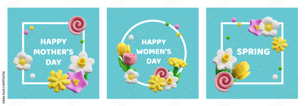 Realistic plasticine spring flowers on Happy womens day and mothers day vector posters set, 3D clay or dough sculpting