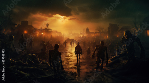 Apocalypse fantasy scene hroup of zombie walking. Halloween concept