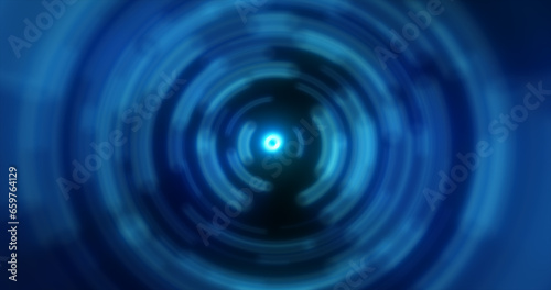 Abstract background of bright blue glowing energy magic radial circles of spiral tunnels made of lines