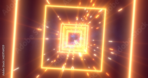 Fototapeta Naklejka Na Ścianę i Meble -  Abstract orange energy futuristic hi-tech square tunnel of flying lines neon magic glowing background