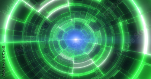 Green energy tunnel with glowing bright electric magic lines scientific futuristic hi-tech abstract background