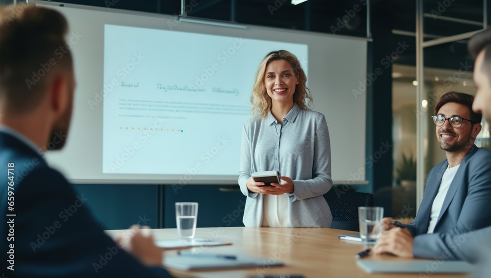 Fototapeta premium Engaged professionals having an insightful discussion in a meeting, enhancing teamwork and generating innovative solutions. Inside a boardroom, a businesswoman is skillfully delivering a presentation,
