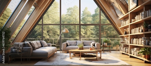 Interior sitting area and loft in home display with high ceiling