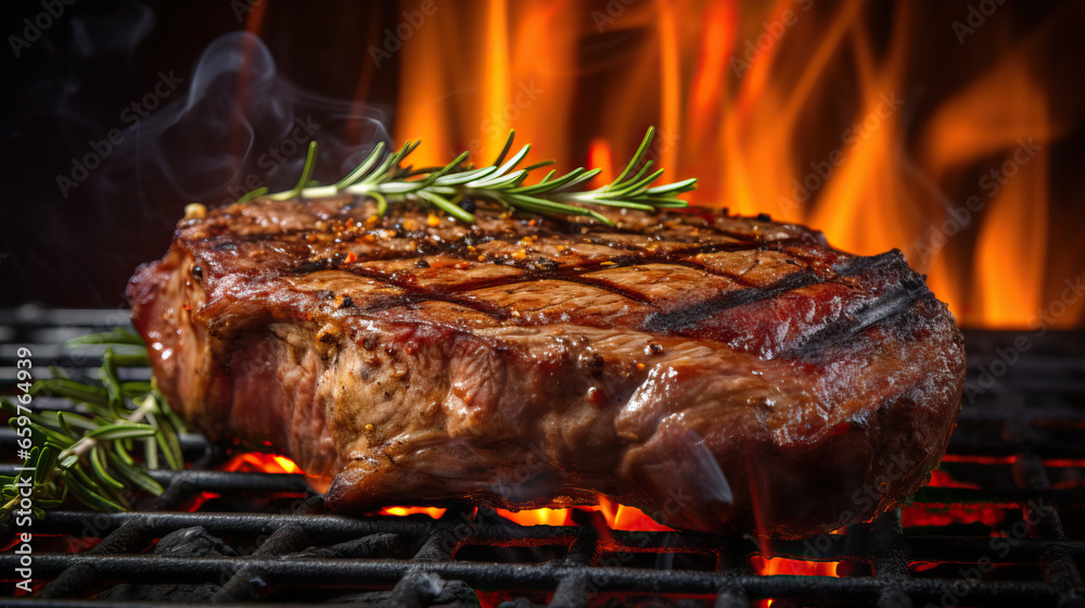 Beef steak on the grill with flames, summer BBQ concept Beef steak on the grill with flames, summer BBQ concept