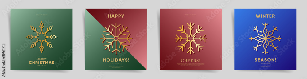 Christmas and New Year Greeting Cards Set. Premium Gradient Design with Golden Snowflakes. Exclusive Post Templates or Album Covers for Winter Celebrations. Christmas and New Year Greeting Cards Set. Premium Gradient Design with Golden Snowflakes. Exclusive Post Templates or Album Covers for Winter Celebrations.