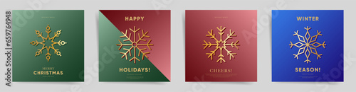 Christmas and New Year Greeting Cards Set. Premium Gradient Design with Golden Snowflakes. Exclusive Post Templates or Album Covers for Winter Celebrations. 