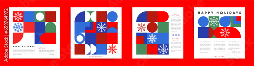 Modern Square Christmas Cards. Seasonal Geometric Mosaic Designs in Green, Blue, and Red with Snowflake Illustrations. Perfect for Festive Greetings and Marketing Promotions.