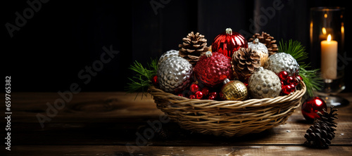 Decorative Winter Still Life: Basket of Shimmering Christmas Ornaments with Pinecones and Candlelight on a Wooden Table with Copy Space
