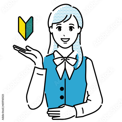 笑顔で説明をする女性のベクターイラスト素材。初心者マーク、手のひら。