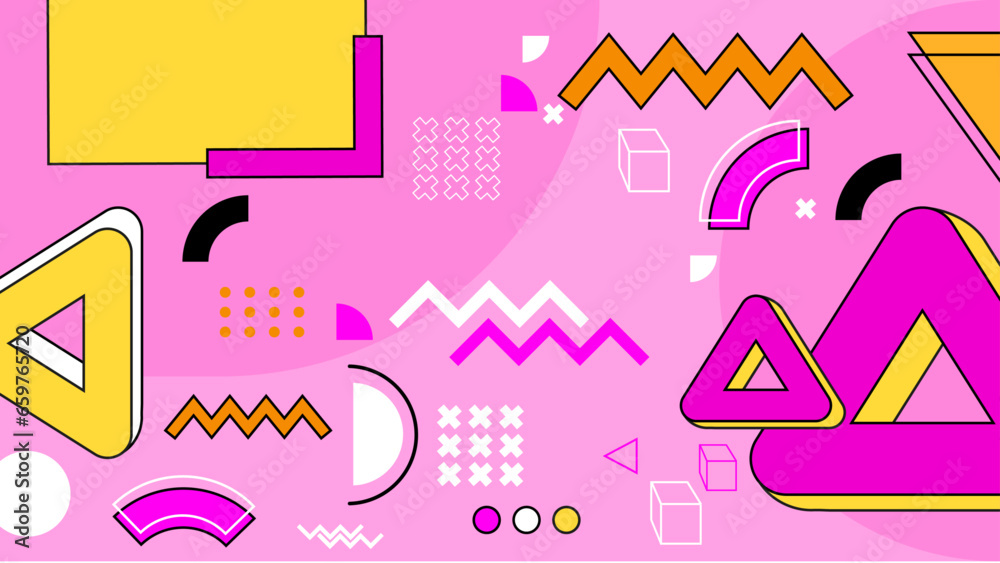 Fototapeta premium Pink yellow and white vector memphis geometric background with shapes
