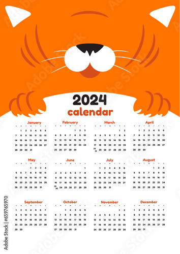 clean calendar template 2024 happy tiger illustration