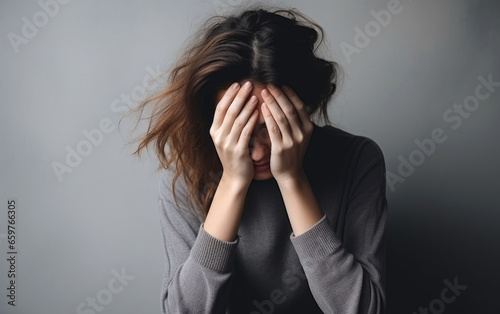Sad, confused young woman bowed her head and hugged her knees photo