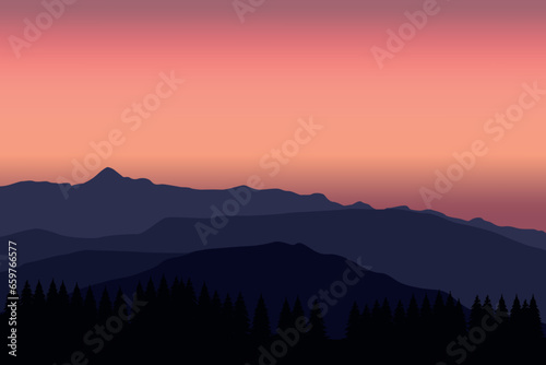 Silhouette landscape with sunset. Vector illustration in flat style.