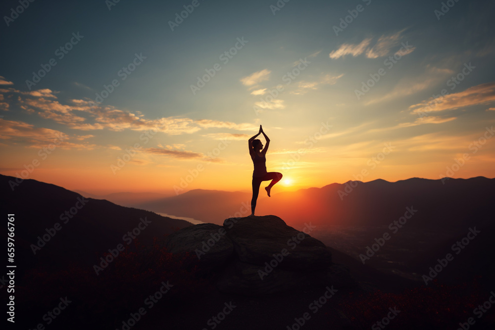 Silhouette of woman practicing yoga in the mountains at sunset
