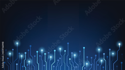Hi tech digital circuit board. AI pad and electrical lines connected on blue lighting background. futuristic technology design element concept
