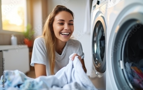 Young woman having fun and laughing while putting clothes in a washing machine