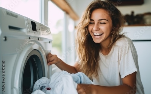 Young woman having fun and laughing while putting clothes in a washing machine photo