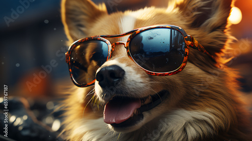 Beautiful fluffy corgi dog in sunglasses lies resting in the sun © Aliaksandra