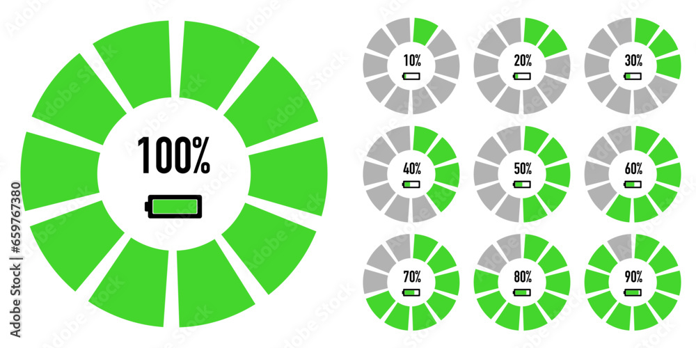 Set of a pie chart showing the percentage of energy consumption. Set of