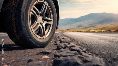 A close-up of a car wheel on an old asphalt road