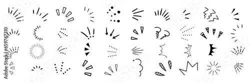 A set of hand drawn attention marks. Doodle shine sunburst sparkle ray elements