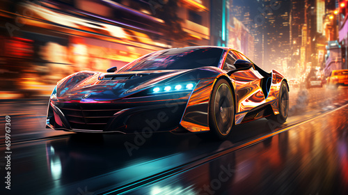 Fast racing car driving in a big city on a blurred background