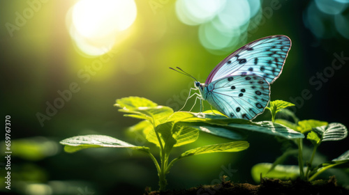 A beautiful close-up of a butterfly sitting on a green leaf