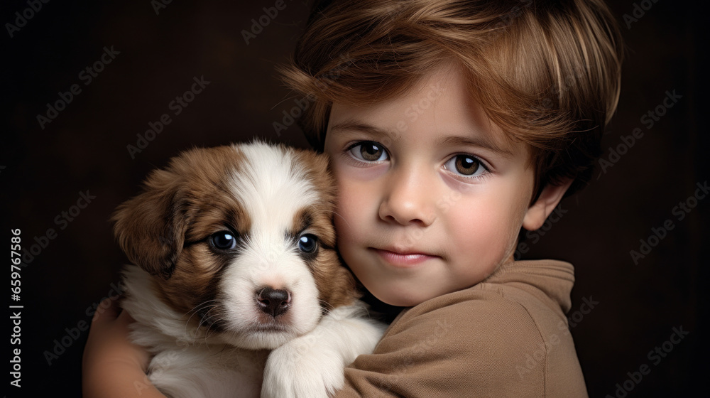 A boy holds his puppy in his arms A boy holds his puppy in his arms