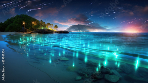 Beach at night with bioluminescent plankton