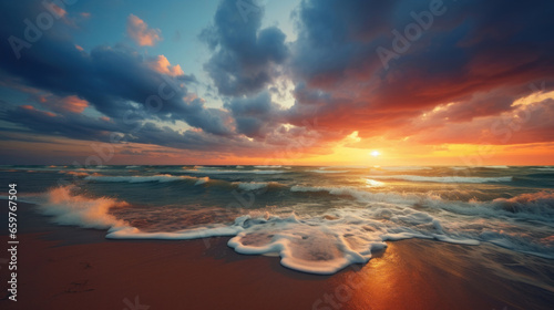 The beach at sunset with soft waves and beautiful fluffy clouds photo