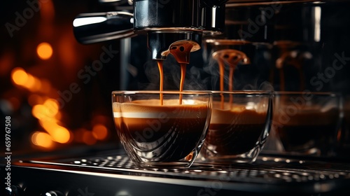 Espresso pouring from coffee machine at cafe, Closeup of an espresso coffee shot being brewed from an espresso machine on a dark background