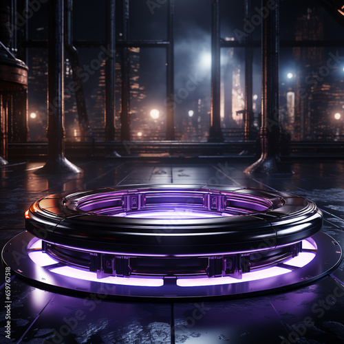 Abstract neon purple futuristic cylindrical round hi-tech platform stand
