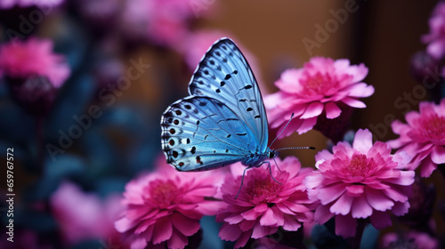 Close up beautiful blue butterfly on a pink flower © red_orange_stock