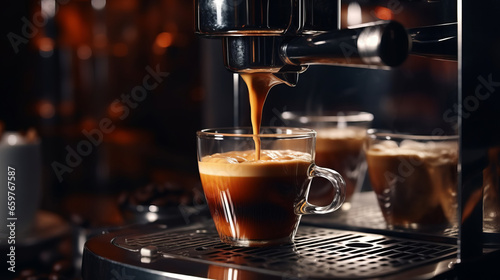 Espresso pouring from coffee machine at cafe, Closeup of an espresso coffee shot being brewed from an espresso machine on a dark background