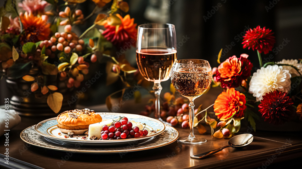 Modern holiday table setting black plate, elegant glasses, vase with orange flowers on a wooden table, autumn holidays