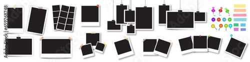Set of square photo frames mockup on sticky tape, pins and rivets. big collection of polaroid frame vector