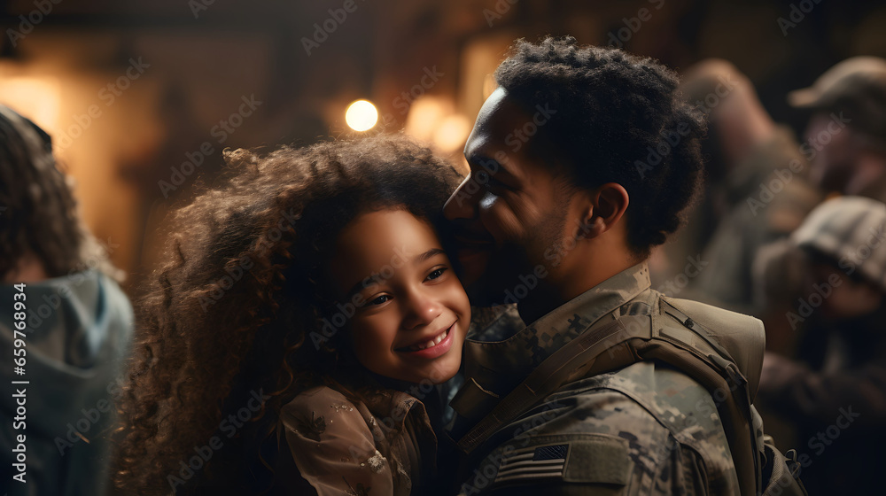 Much-awaited military homecoming. Male soldier reuniting with her daughters after serving in the army. Cheerful serviceman embracing his family after returning home from deployment. - obrazy, fototapety, plakaty 
