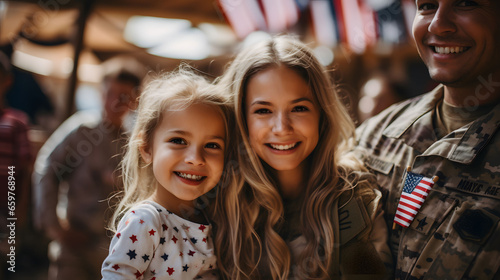 Cheerful woman with children welcoming father and husband from military service looking super excited against American flag